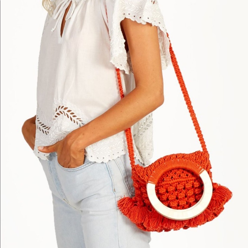 Cleobella Orange Crochet Fringe Crossbody Bag